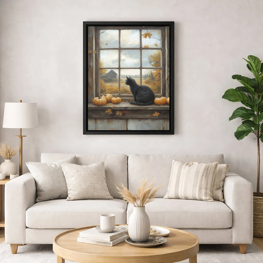 Black Cat Wall Art | Autumn Farmhouse Window Scene with Pumpkins | Premium Gallery Canvas | Cozy Fall Seasonal Home Decor Gift
