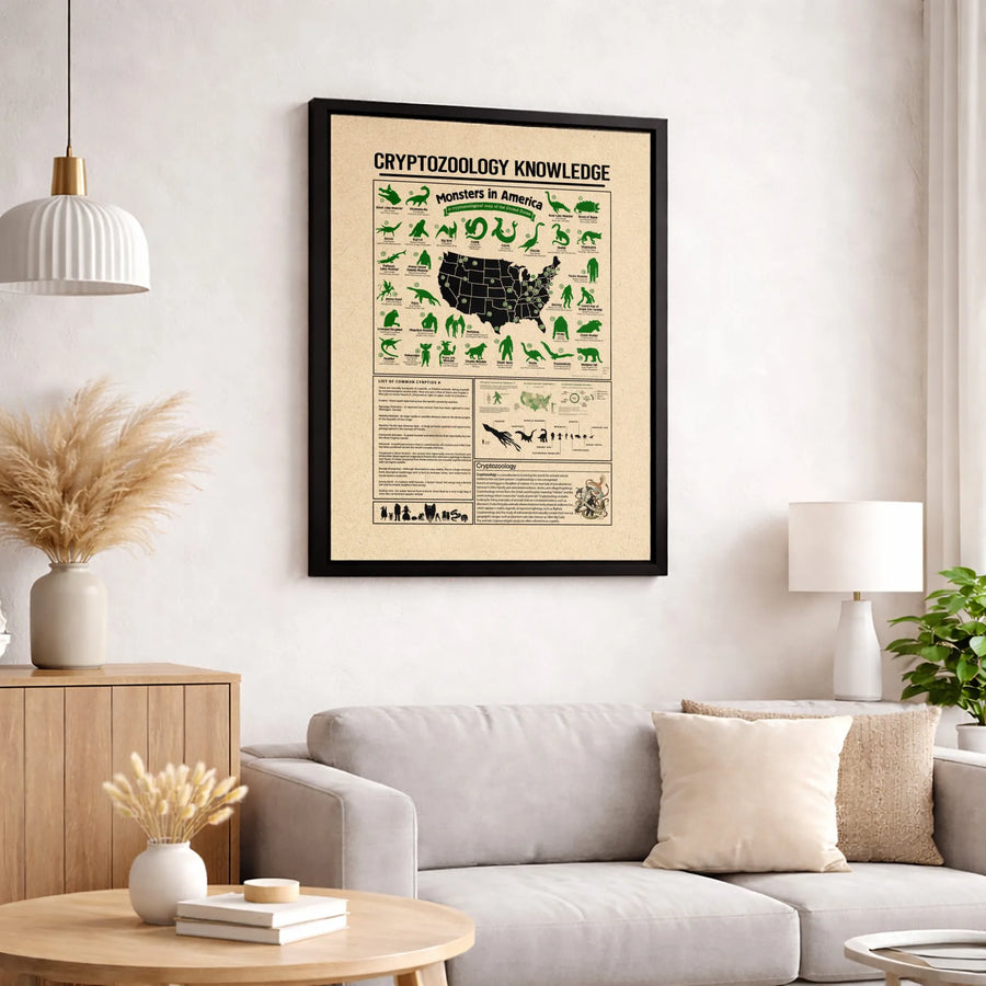 Cryptozoology Map Canvas | Monsters of America USA Cryptid Guide | Premium Gallery Wrapped Art | Unique Folklore Wall Decor Gift
