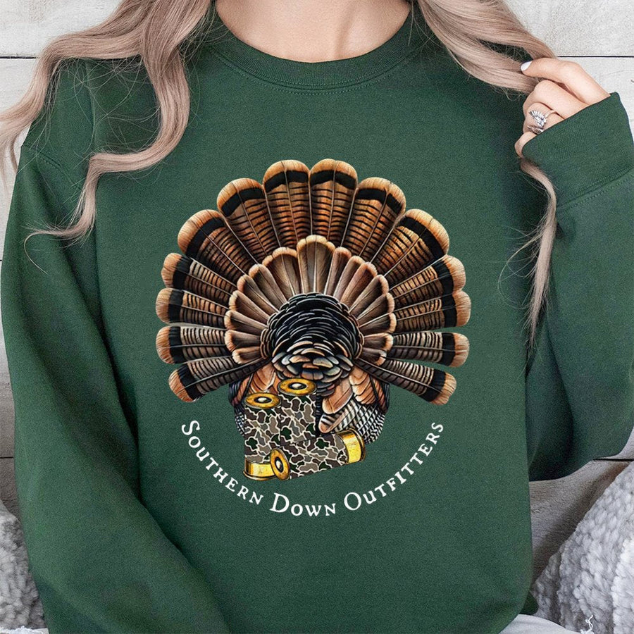 Turkey Hunting Sweatshirt | Camo Shotgun Shell Graphic | Premium Cotton Blend Crewneck | Gift For Outdoorsmen & Hunter