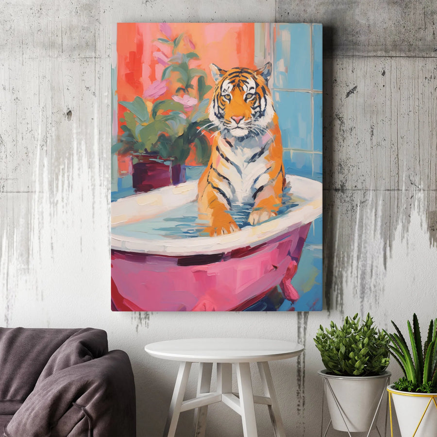 Tiger In A Pink Bathtub Canvas Wall Art | Whimsical Animal Oil Painting Style | 1.25" Thick Gallery Wrap | Unique Home Decor Gift For Animal Lovers