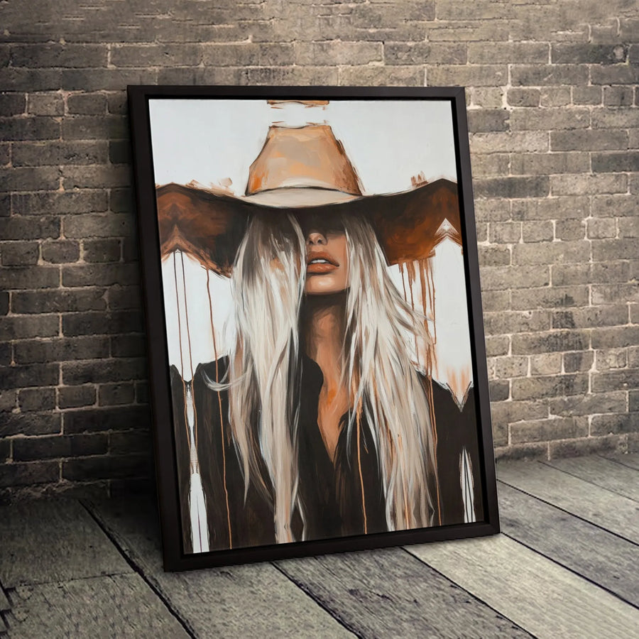 Cowgirl Canvas Wall Art | Abstract Blonde Woman In Cowboy Hat | Premium 1.25" Thick Gallery Wrap | Western Home Decor For Modern Living Room