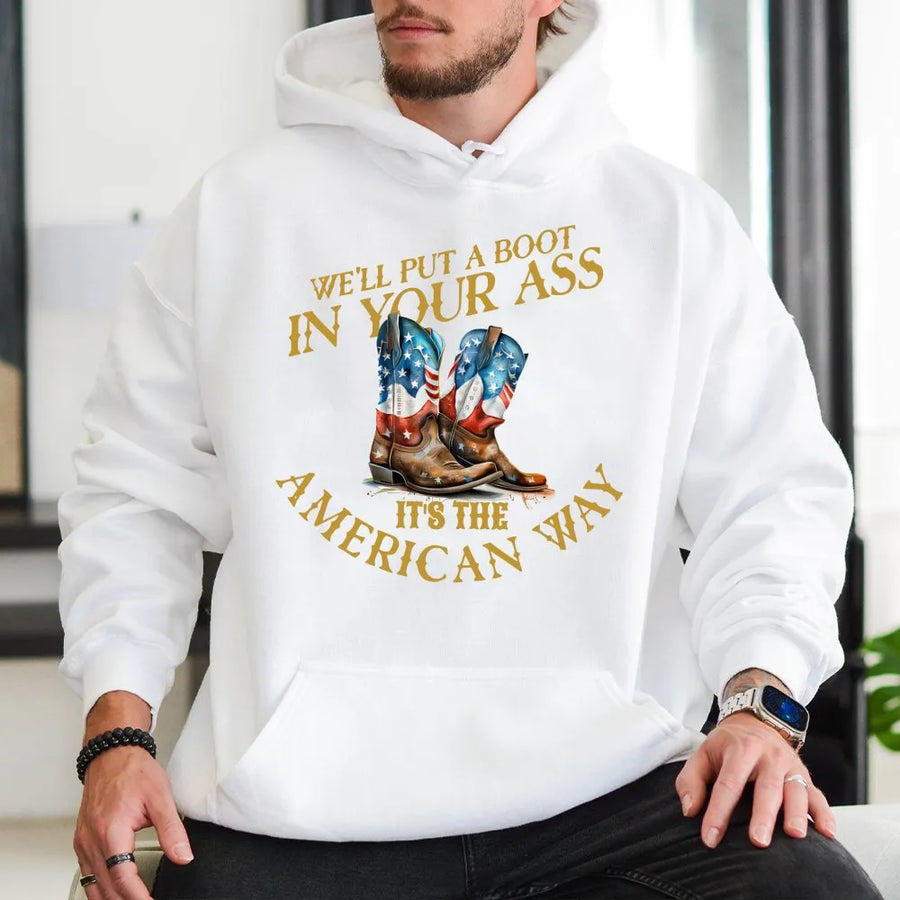 American Flag Cowboy Boot Hoodie | Patriotic Southern Pride Graphic | Premium Cotton Blend Fleece | Gift for Country Music Fans