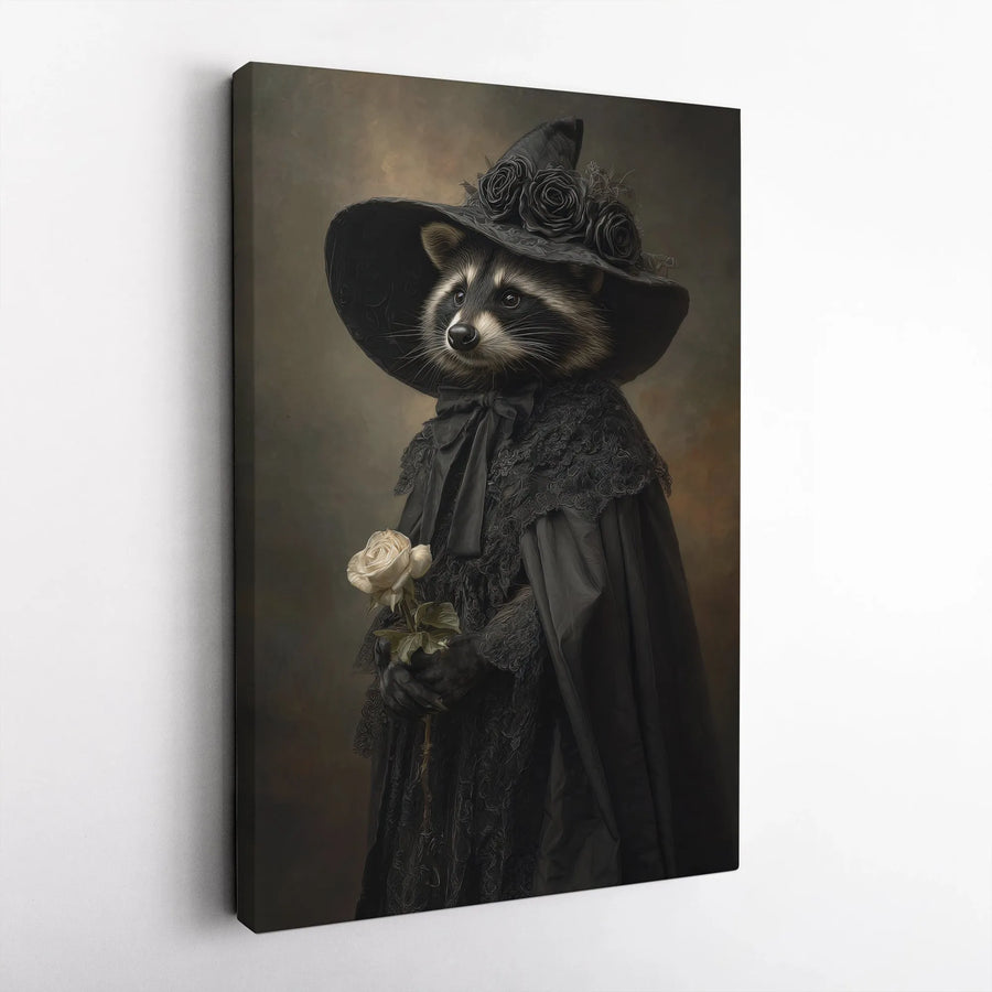 Gothic Raccoon Witch Vertical Canvas | Victorian Animal Portrait | Premium Frameless Wall Art | Goth Home Decor Halloween Gift