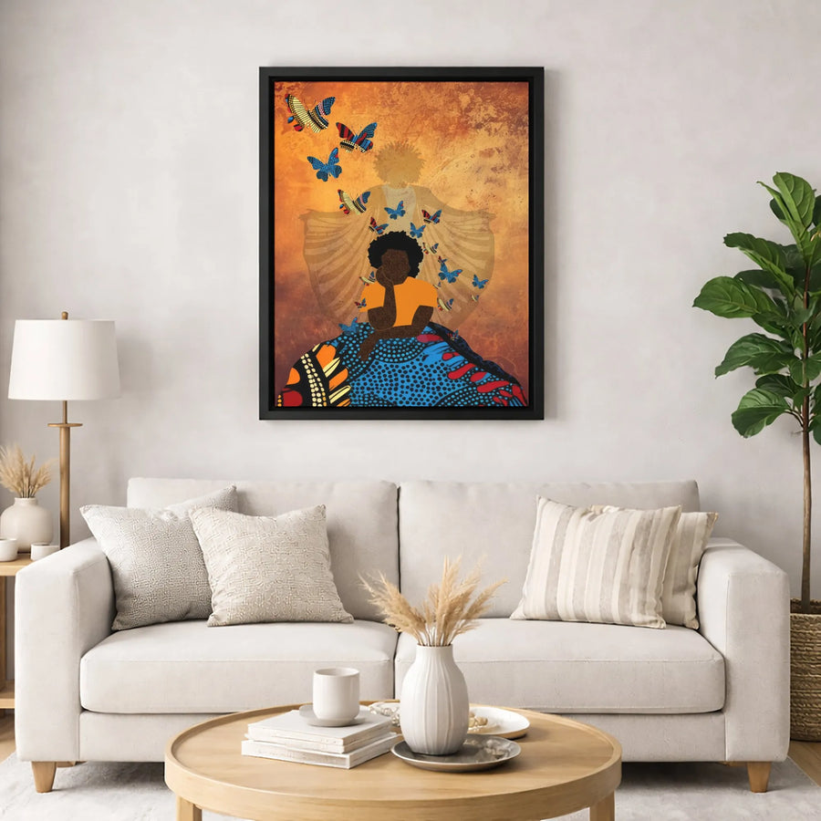 Black Woman Wall Art | Abstract Butterfly Portrait Print | Premium Gallery Wrapped Canvas | Modern Home Decor Gift