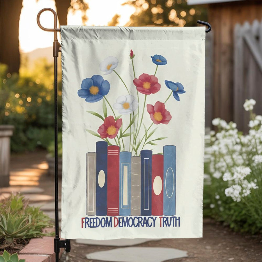 Patriotic Garden Flag | Freedom Democracy Truth Floral Book Stack Art | Premium Weather-Resistant Polyester | Outdoor Yard Decor Gift
