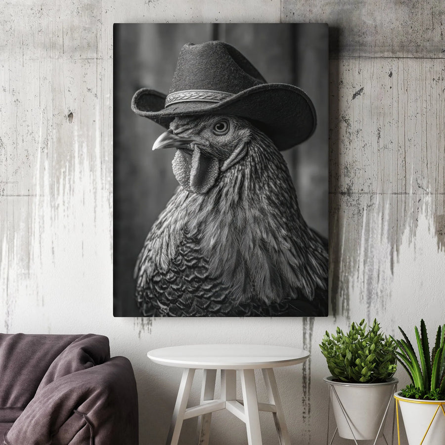 Cowboy Rooster Vertical Canvas | Funny Western Farm Animal Portrait | Premium Gallery Wrapped Canvas | Rustic Farmhouse Wall Decor Gift
