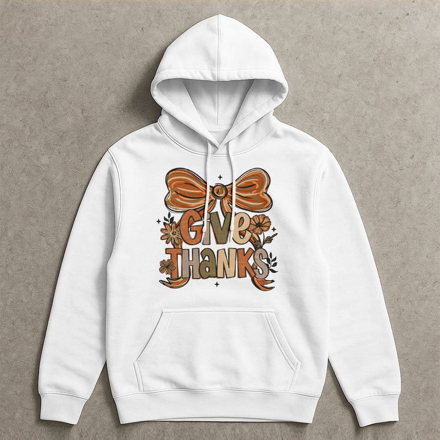Give Thanks Hoodie | Floral Bow Thanksgiving Graphic | Premium Cotton Blend Unisex Sweatshirt | Cute Fall Coquette Aesthetic Gift