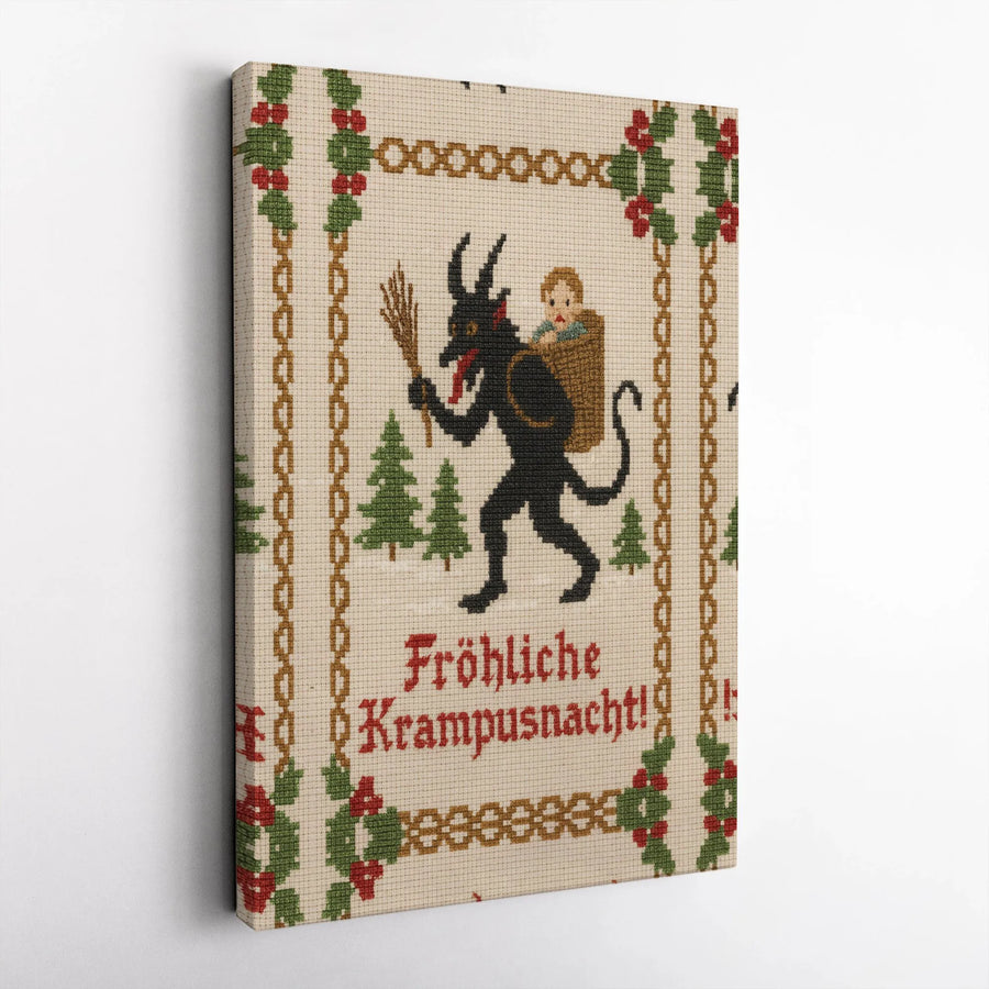 Krampus Wall Art Canvas | Frohliche Krampusnacht Cross-Stitch Design | Premium Gallery Wrapped Decor | Unique Gothic Holiday Gift For Folklore Fans
