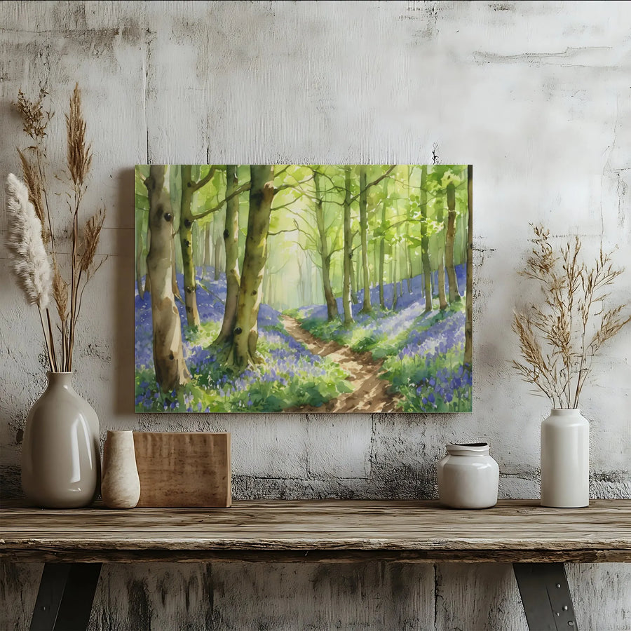 Bluebell Forest Canvas Print | Serene Woodland Path Watercolor Wall Art | Premium 1.25" Thick Gallery Wrap | Calming Nature Decor Gift for Living Room