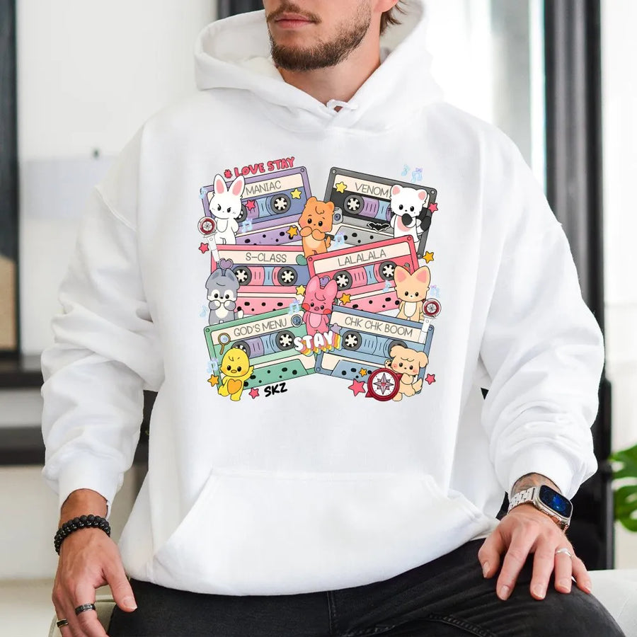 Kpop Cassette Tape Hoodie | Cute Cartoon Characters Design | Premium Soft Fleece | Gift For Kpop Fans Concert Outfit