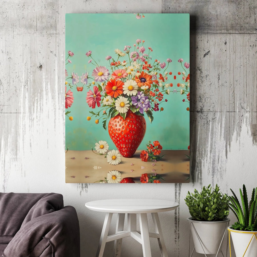 Strawberry Vase Canvas Wall Art | Whimsical Wildflower Bouquet in Fruit Vase | Premium Frameless Canvas Print | Unique Kitchen & Dining Room Decor Gift