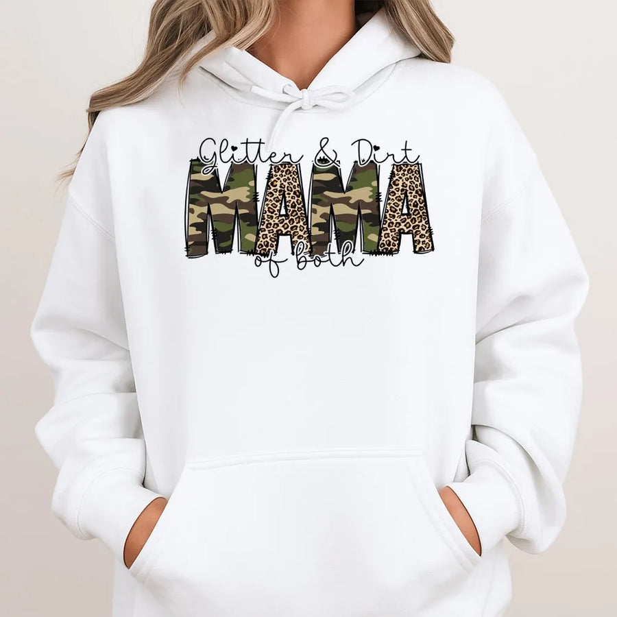 Mama of Both Hoodie | Glitter & Dirt Leopard and Camo Print | Soft Cotton Tee | Cute Boy and Girl Mom Gift