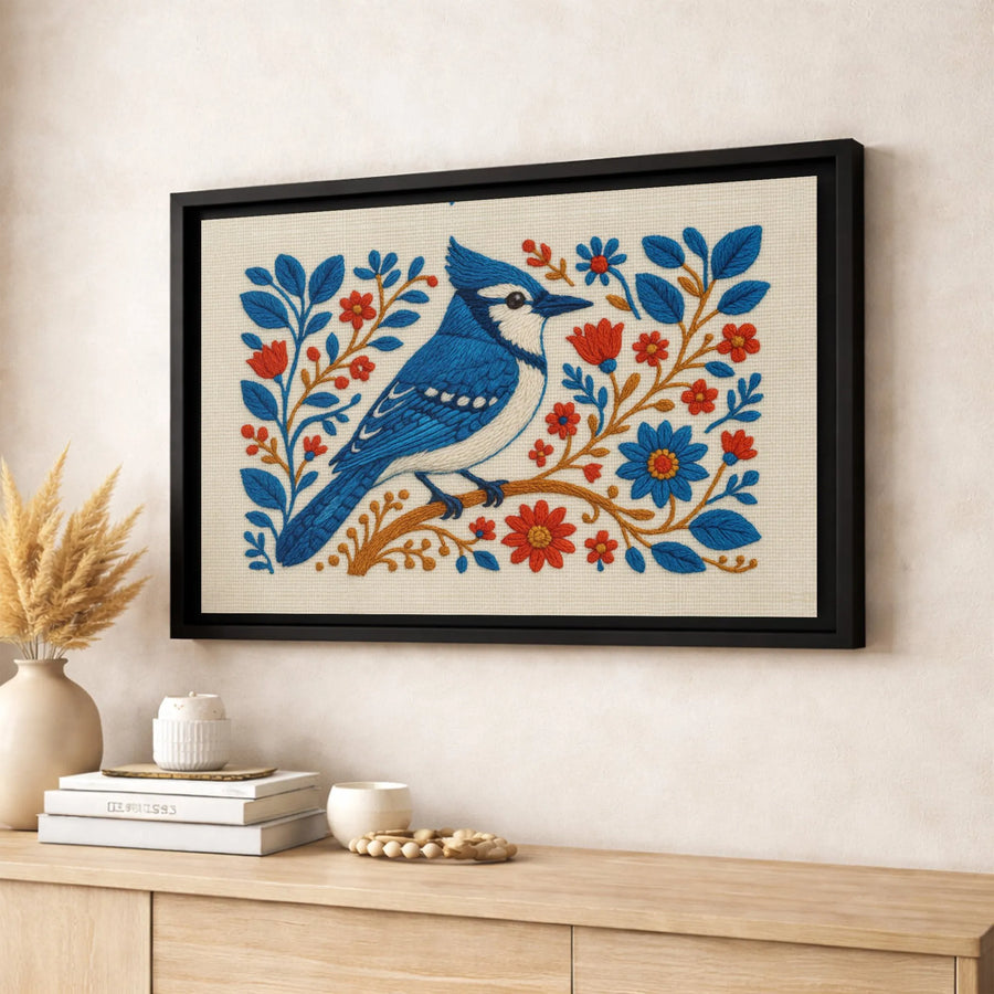 Blue Jay Bird Canvas Wall Art | Folk Art Embroidery Style | Premium Fade-Resistant Gallery Wrap | Nature-Inspired Home Decor Gift