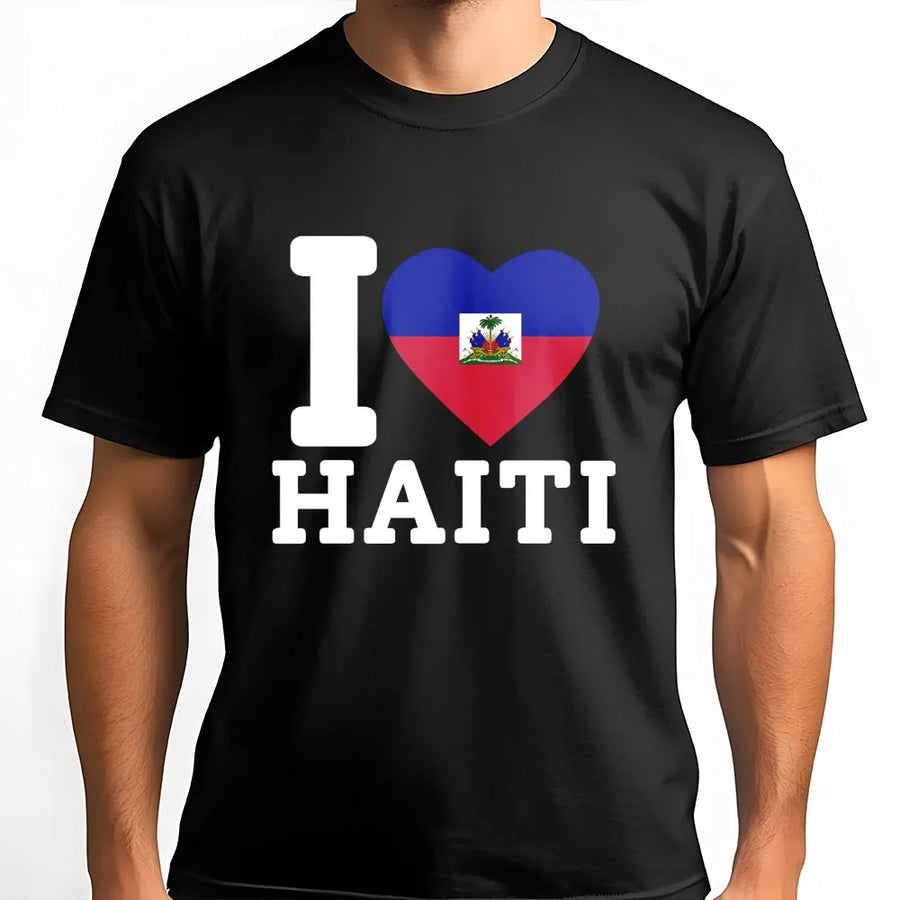 Haitian Pride T-Shirt | I Love Haiti Flag Heart Graphic | Soft Cotton Tee | Caribbean Heritage Gift for Haitian American