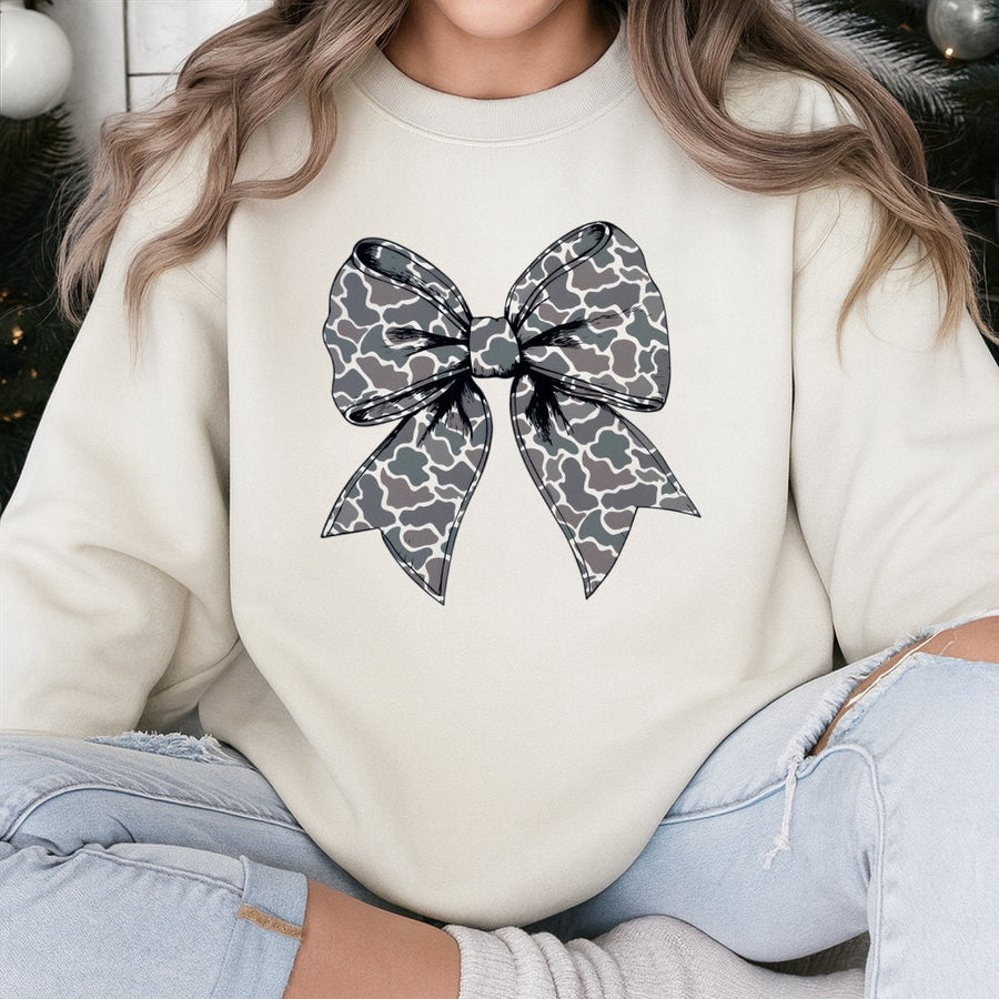 Camo Bow Sweatshirt | Trendy Coquette Aesthetic Graphic | Premium Cotton Blend Unisex Pullover | Hunting Gift for Women and Outdoorsy Girls