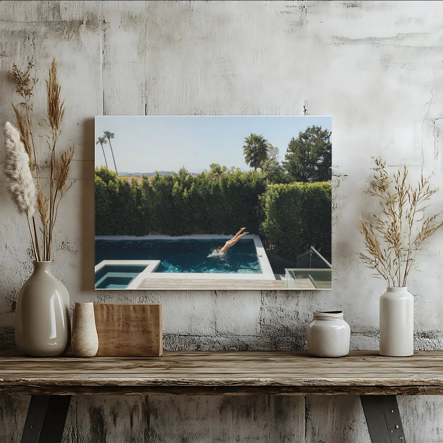 Summer Dive Canvas Wall Art | Woman Diving Into Luxury Pool Photo | Premium Fade-Resistant Print | Modern Living Room Decor Collector's Gift