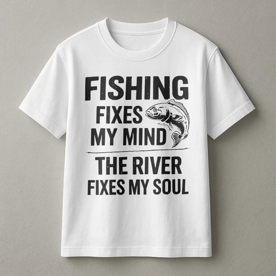 Funny Fishing T-Shirt | Fishing Fixes My Mind River Fixes My Soul | Soft Cotton Blend Pullover | Unique Gift for Fisherman