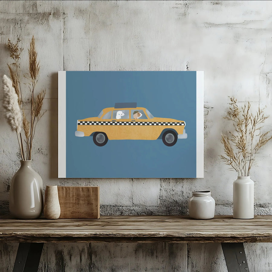 Dogs in Taxi Canvas Print | Whimsical NYC Yellow Cab Illustration | Premium Gallery Wrap Art | Gift for Dog Lover, Nursery Wall Decor