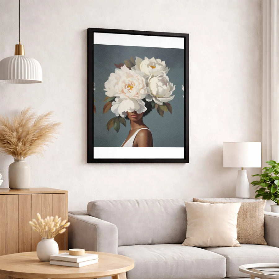 Black Woman Floral Portrait Canvas | Peony Flower Headdress Wall Art | Premium Gallery-Wrapped Print | Elegant Home Decor Gift For Her