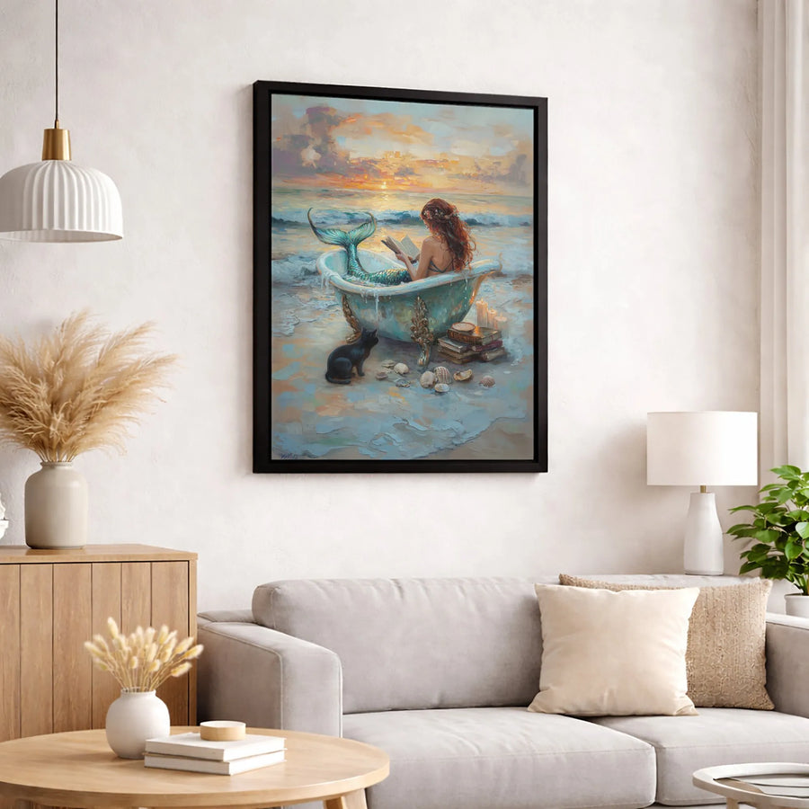 Mermaid Wall Art Canvas | Enchanting Sunset Beach Reading Illustration | Premium Gallery Wrapped Decor | Whimsical Ocean Fantasy Gift for Book Lovers
