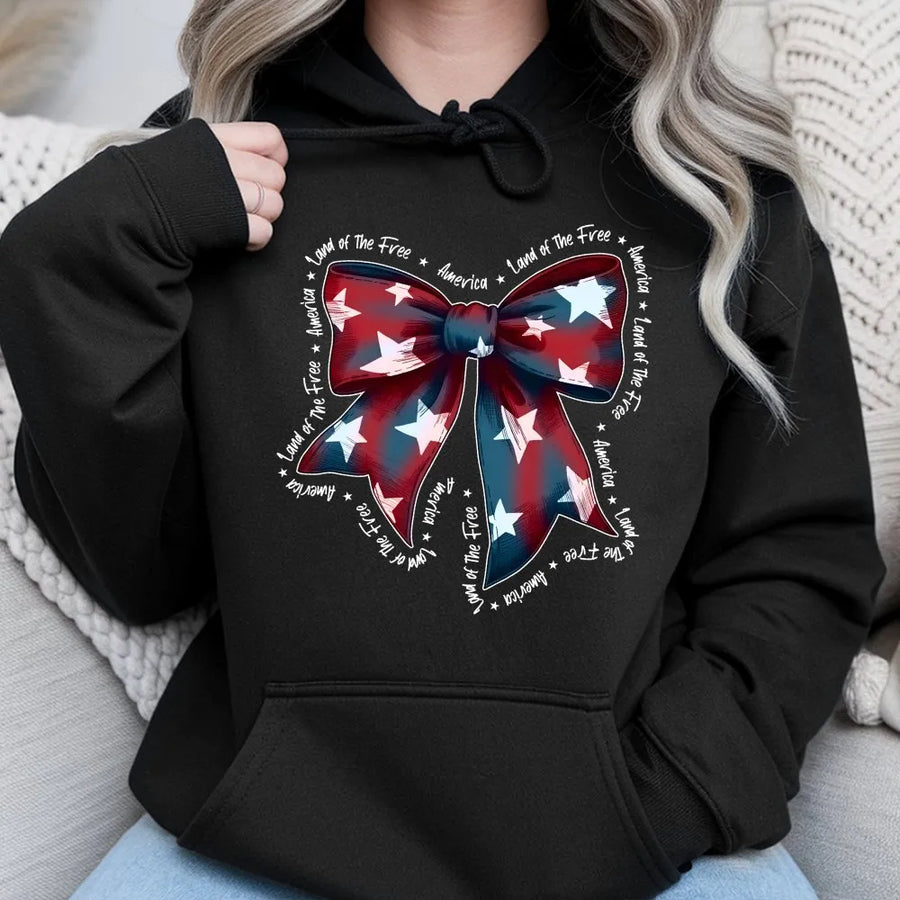 Patriotic Bow Hoodie | Coquette American Flag Graphic | Soft Cotton Tee | 4th of July Gift for Women