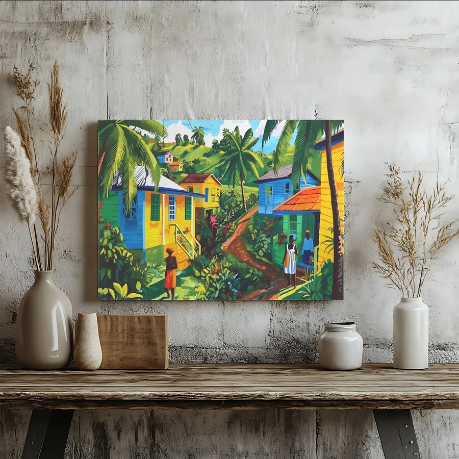 Caribbean Village Canvas Wall Art | Tropical Island Landscape Print | 1.25 Inch Gallery Wrap Premium Canvas | Vibrant Home Decor for Tropical Lovers