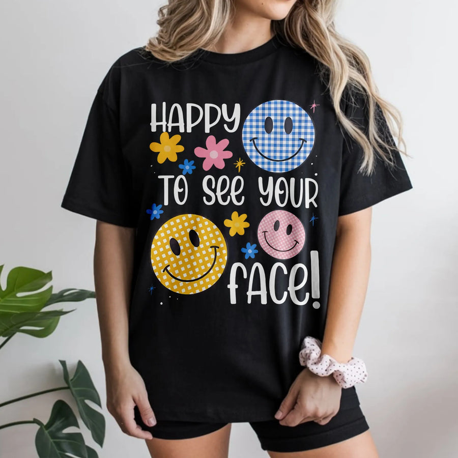 Happy To See Your Face Smiley T-Shirt | Retro Gingham Aesthetic Graphic | Premium 100% Cotton Tee | Cute Positive Vibes Gift For Her & Him