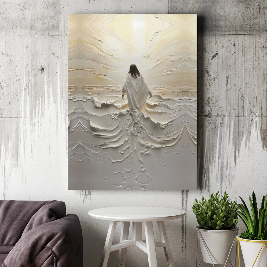 Jesus Walking On Water Canvas Print | Textured 3D Style Religious Wall Art | Premium Fade-Resistant Gallery Wrap | Spiritual Home Decor Gift