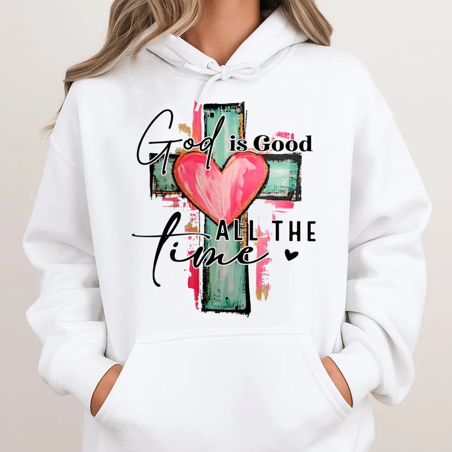 God Is Good All The Time Hoodie | Watercolor Cross and Heart Graphic | Premium Cotton Blend | Christian Gift for Women and Men