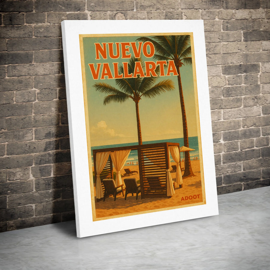 Nuevo Vallarta Travel Poster | Vintage Beach Cabana Wall Art | 1.25-Inch Gallery Wrap Canvas | Premium Tropical Home Decor Gift