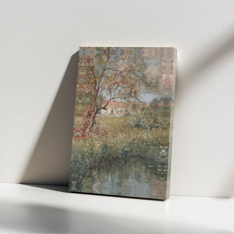 Impressionist Landscape Canvas Print | Cottage by the Pond Oil Painting Style | 1.25" Gallery Wrap | Nature Wall Art for Home Decor