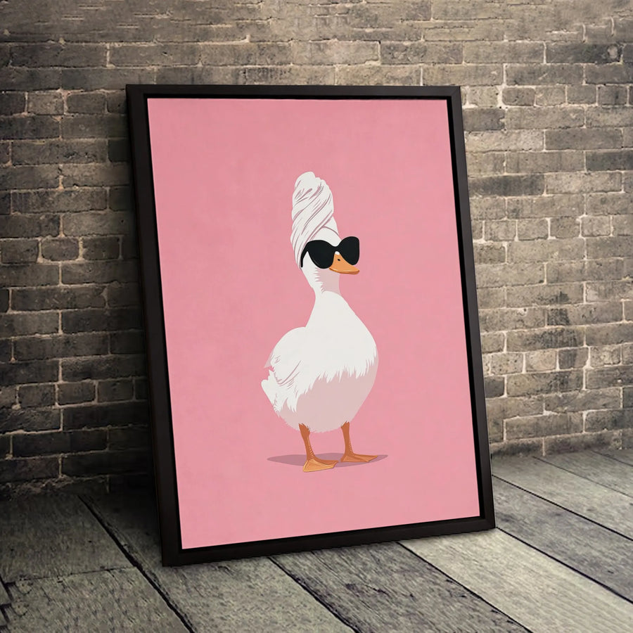Funny Duck With Towel And Sunglasses Canvas Wall Art | Quirky Bathroom Decor | Gallery-Wrapped Premium Canvas | Whimsical Gift For Duck Lovers