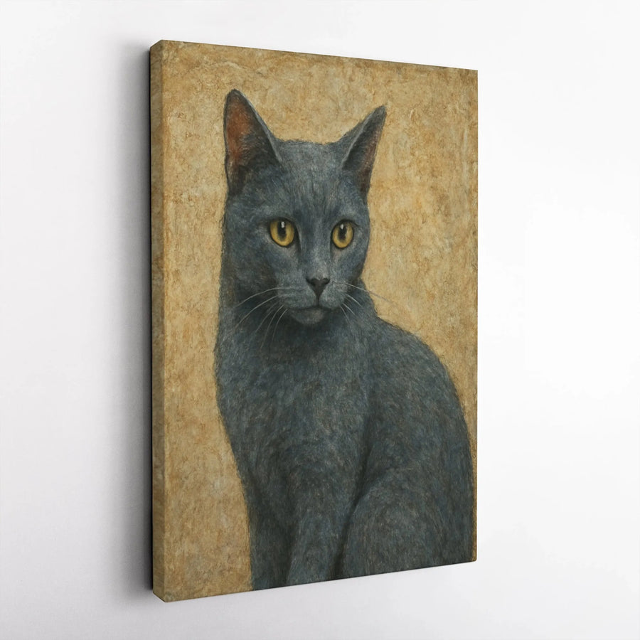 Gray Cat Canvas Wall Art | Moody Gold Portrait Painting | Premium Gallery Wrap | Gift for Cat Lovers & Modern Home Decor