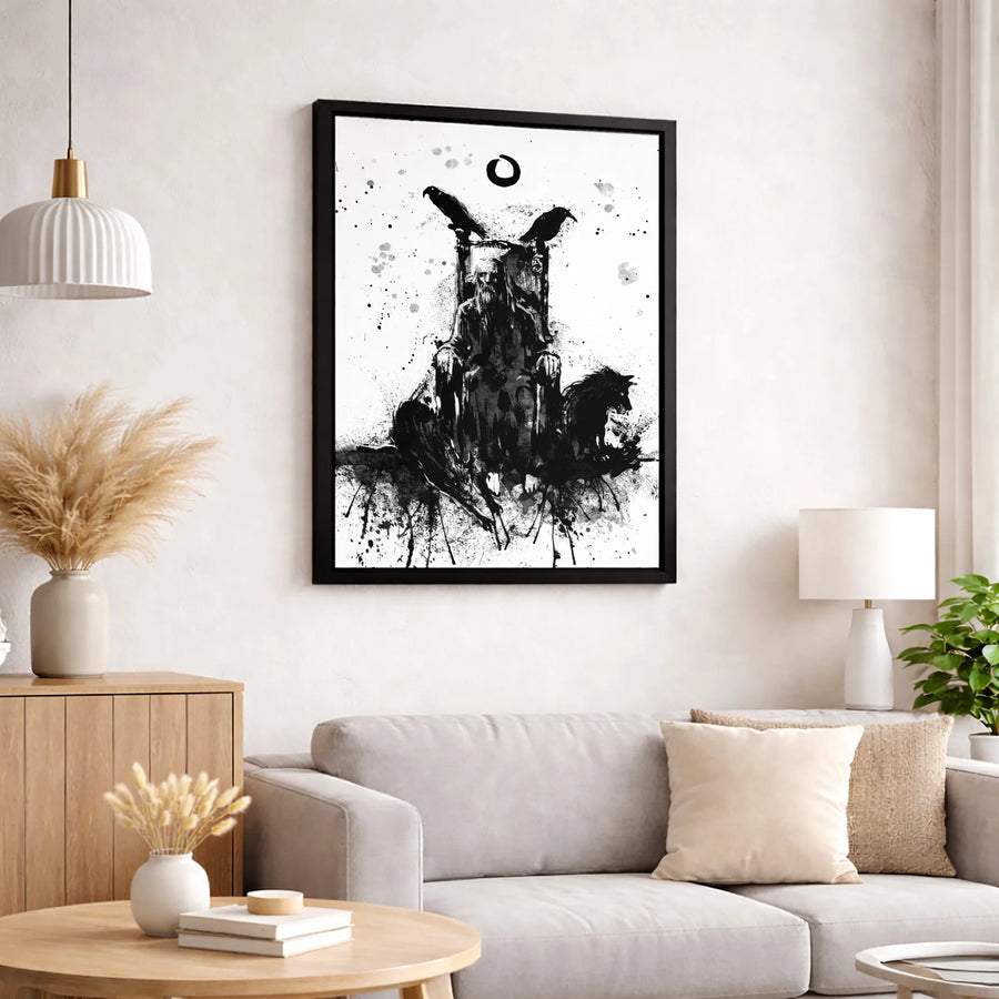 Odin Norse God Wall Art | Viking Raven and Wolf Ink Splatter Design | Premium Gallery-Wrapped Canvas | Mythology Decor Gift for Men