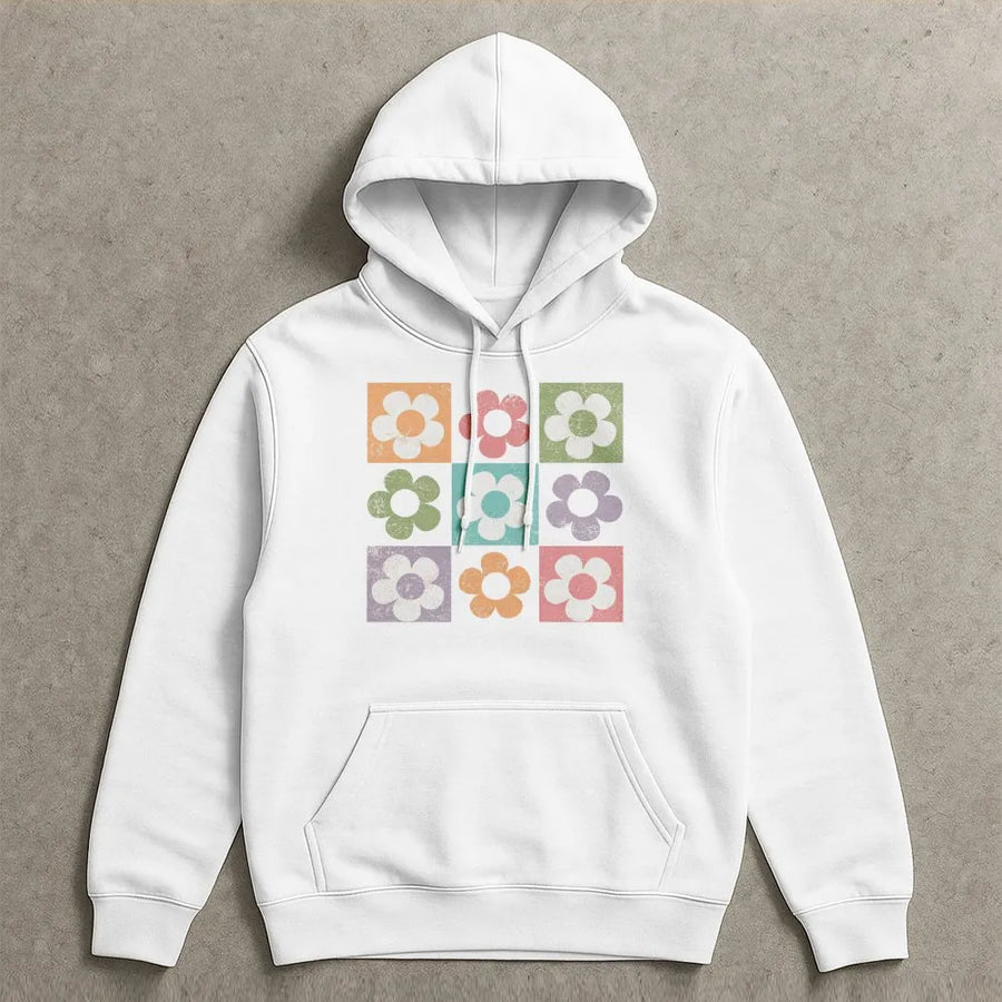 Retro Floral Grid Hoodie | Vintage 70s Boho Flower Graphic | Soft 100% Cotton Tee | Aesthetic Summer Gift for Her