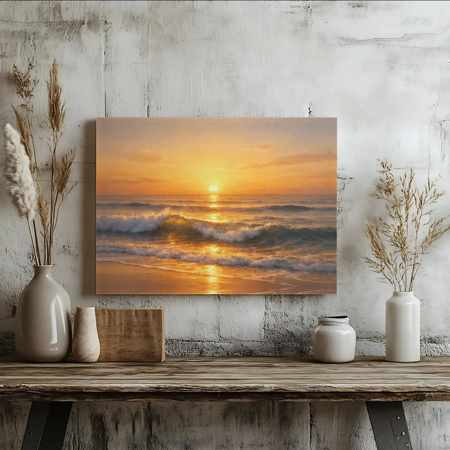 Ocean Sunset Canvas Wall Art | Realistic Seascape Painting | Premium Gallery Wrapped Canvas | Living Room & Bedroom Decor Gift