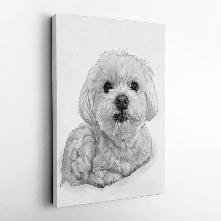 Maltese Dog Portrait Vertical Canvas | Realistic Black and White Pencil Sketch | Premium Gallery Style Wall Art | Gift for Dog Mom and Pet Lover
