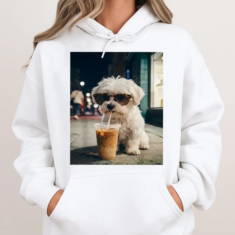 Cool Dog with Sunglasses Hoodie | Funny Maltese Drinking Iced Coffee | Premium Cotton Tee | Gift for Dog Mom & Dad