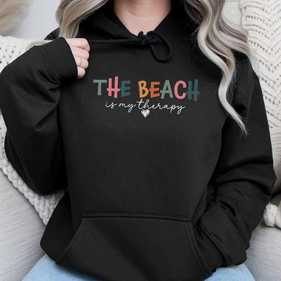 Beach Therapy Hoodie | Colorful Retro Graphic Crewneck | Cozy Cotton Blend Pullover | Gift for Beach Lover, Summer Vacation Gift