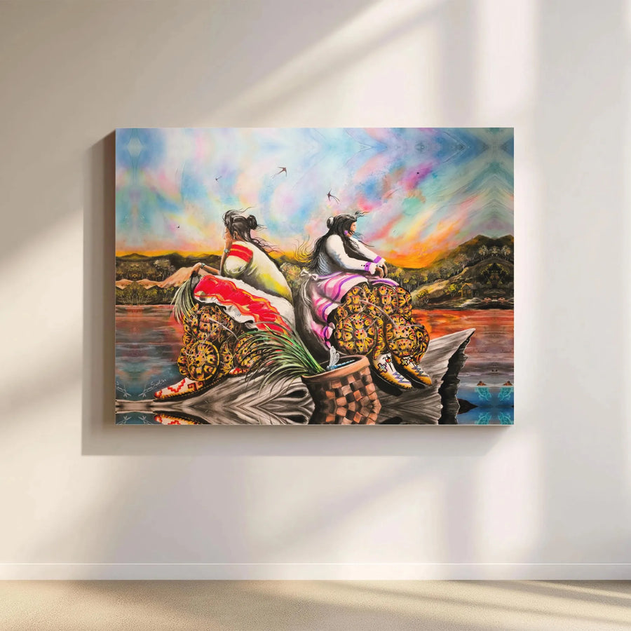 Native American Women Wall Art | Vibrant Turtle Shell Dress Landscape | Premium 1.25" Thick Canvas Print | Collector's Gift for Spiritual Home Decor
