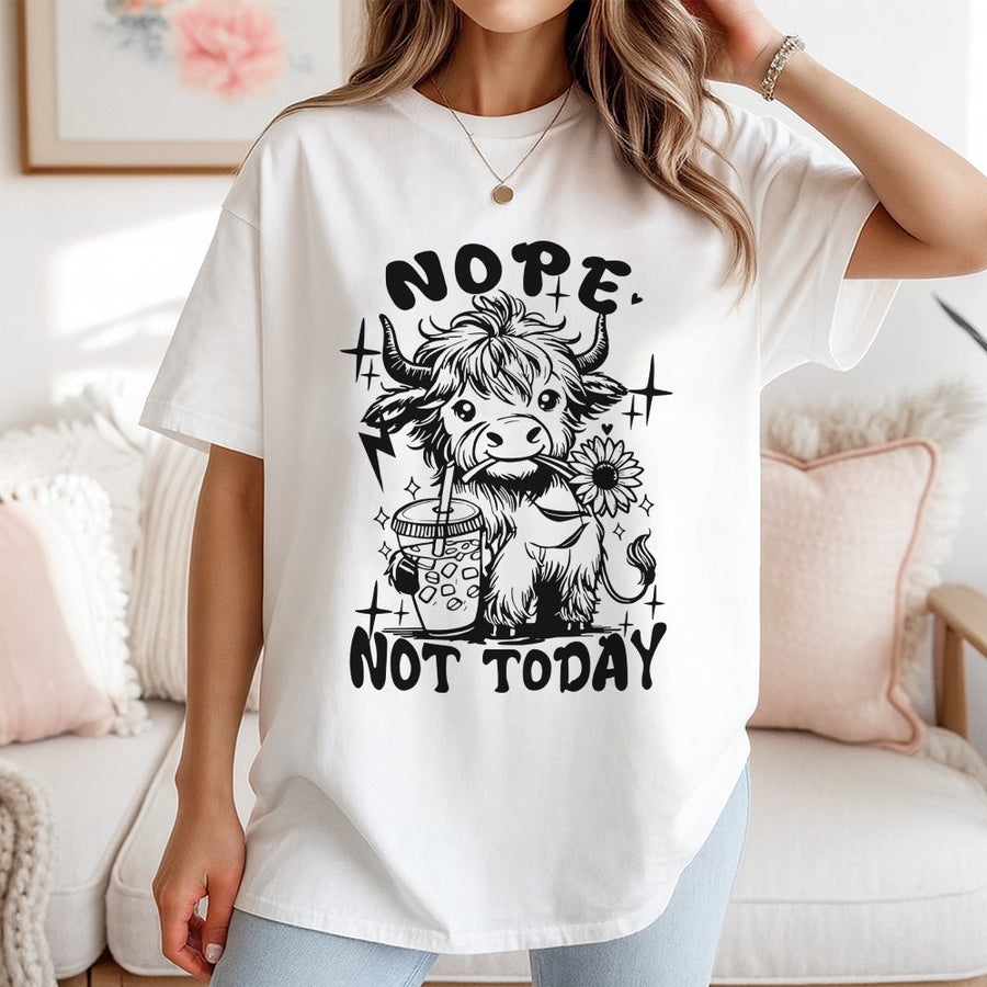 Highland Cow T-Shirt | Nope Not Today Funny Coffee Graphic | 100% Soft Cotton Premium Tee | Cute Farm Animal Gift for Women and Cow Lovers