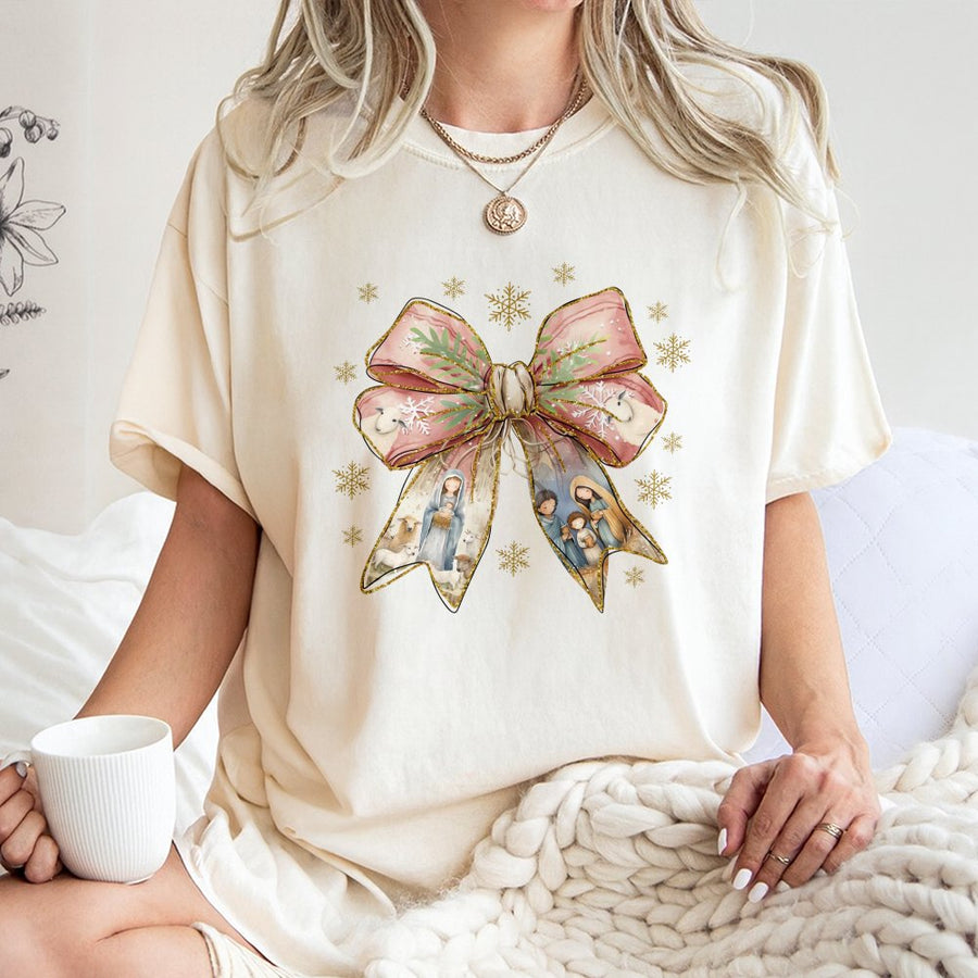 Nativity Scene Coquette Bow T-Shirt | Christian Christmas Graphic Tee | Premium Cotton Holiday Apparel | Religious Faith Gift for Women