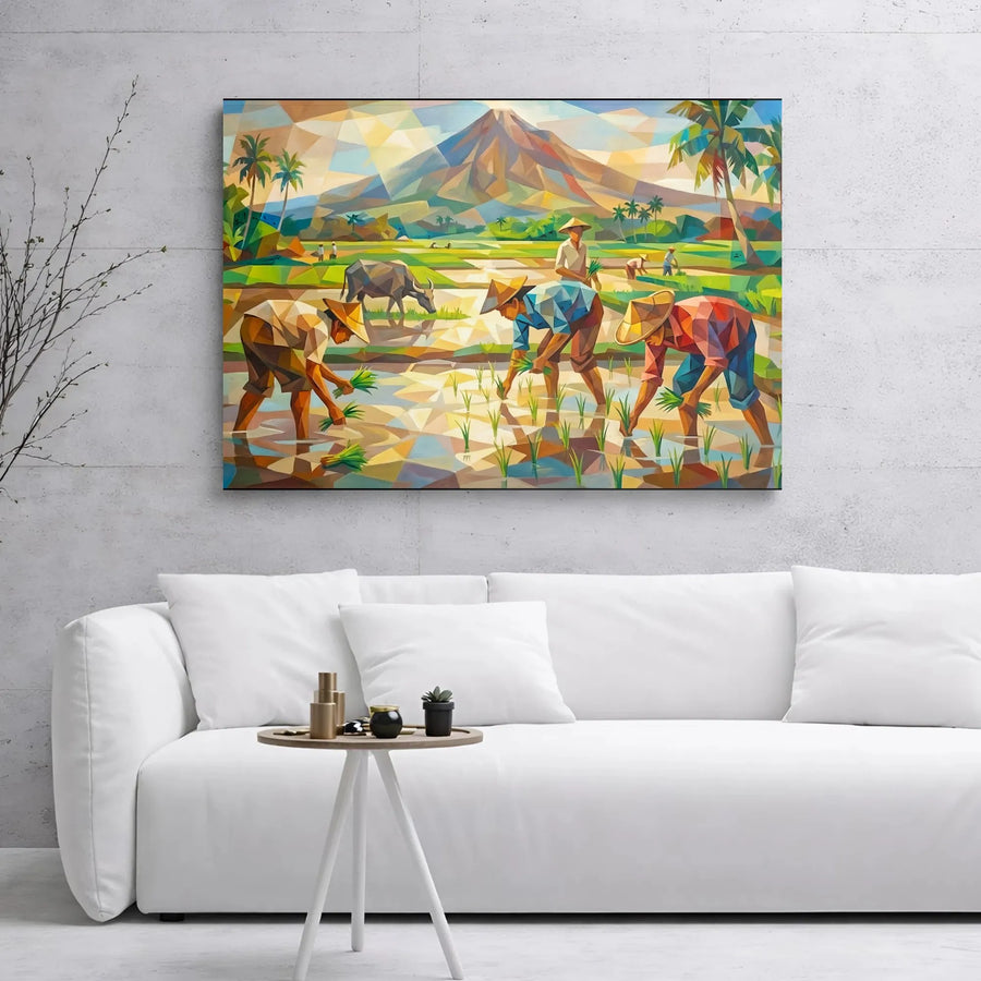 Filipino Rice Farmers Canvas Print | Geometric Mayon Volcano Landscape | Premium Gallery Wrap Wall Art | Cultural Heritage Home Decor Gift