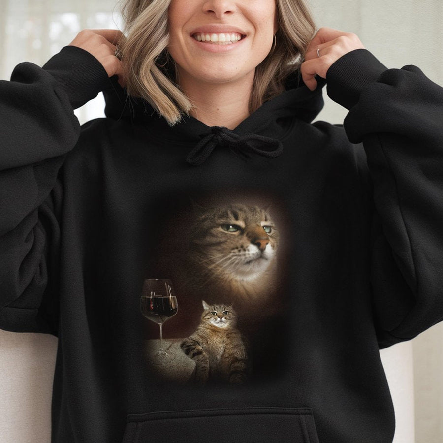 Funny Cat Meme Hoodie | Wine Drinking Tabby Graphic | Soft Cotton Blend Sweatshirt | Unique Gift for Cat Lovers and Humorous Aesthetic Fans
