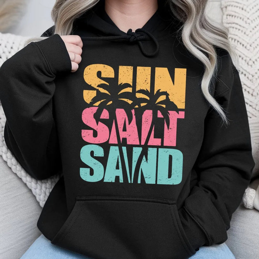 Sun Salt Sand Beach Hoodie | Retro Palm Tree Graphic | Cozy Cotton Blend Pullover | Summer Vacation Gift for Women
