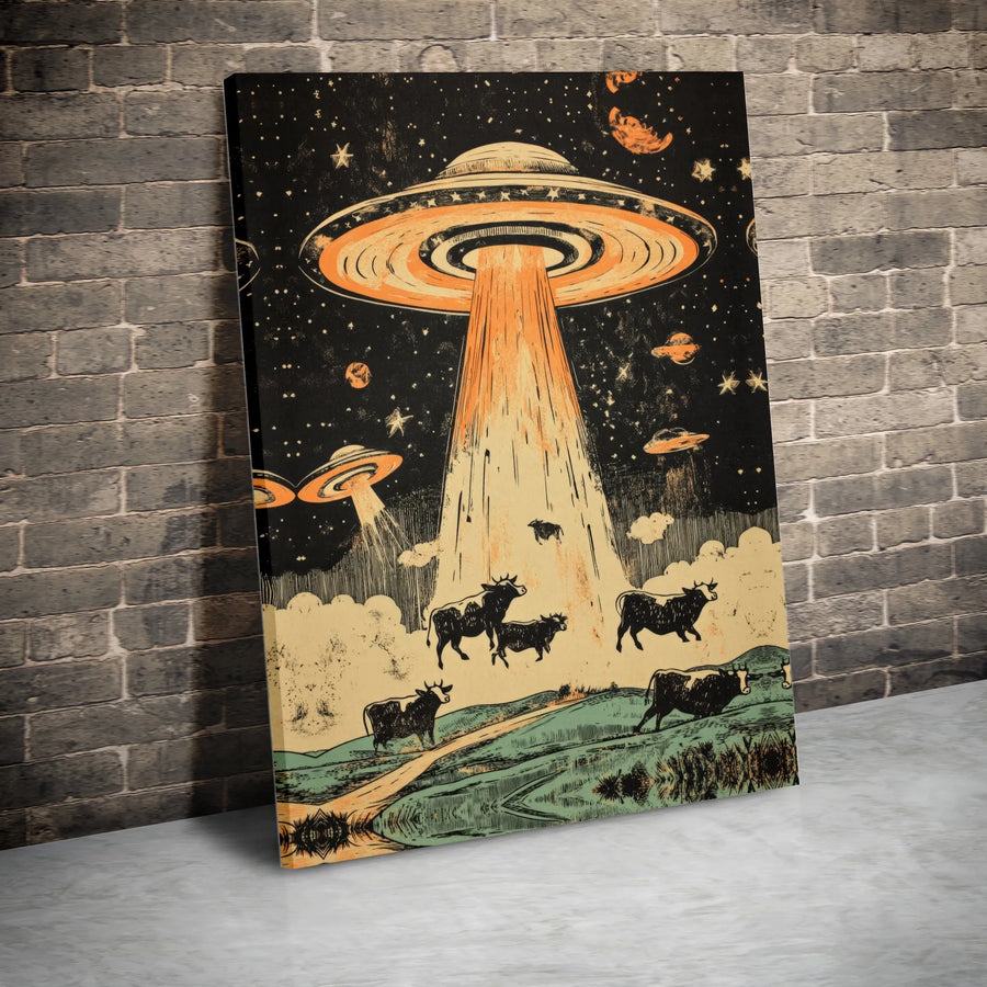 UFO Alien Abduction Canvas Art | Vintage Cow Sci-Fi Wall Decor | 1.25-Inch Premium Gallery Wrap | Unique Space Enthusiast Gift