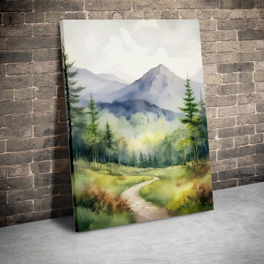 Misty Mountain Canvas Wall Art | Watercolor Forest Path Print | Premium Gallery Wrapped Canvas | Nature Lover Gift for Living Room Decor