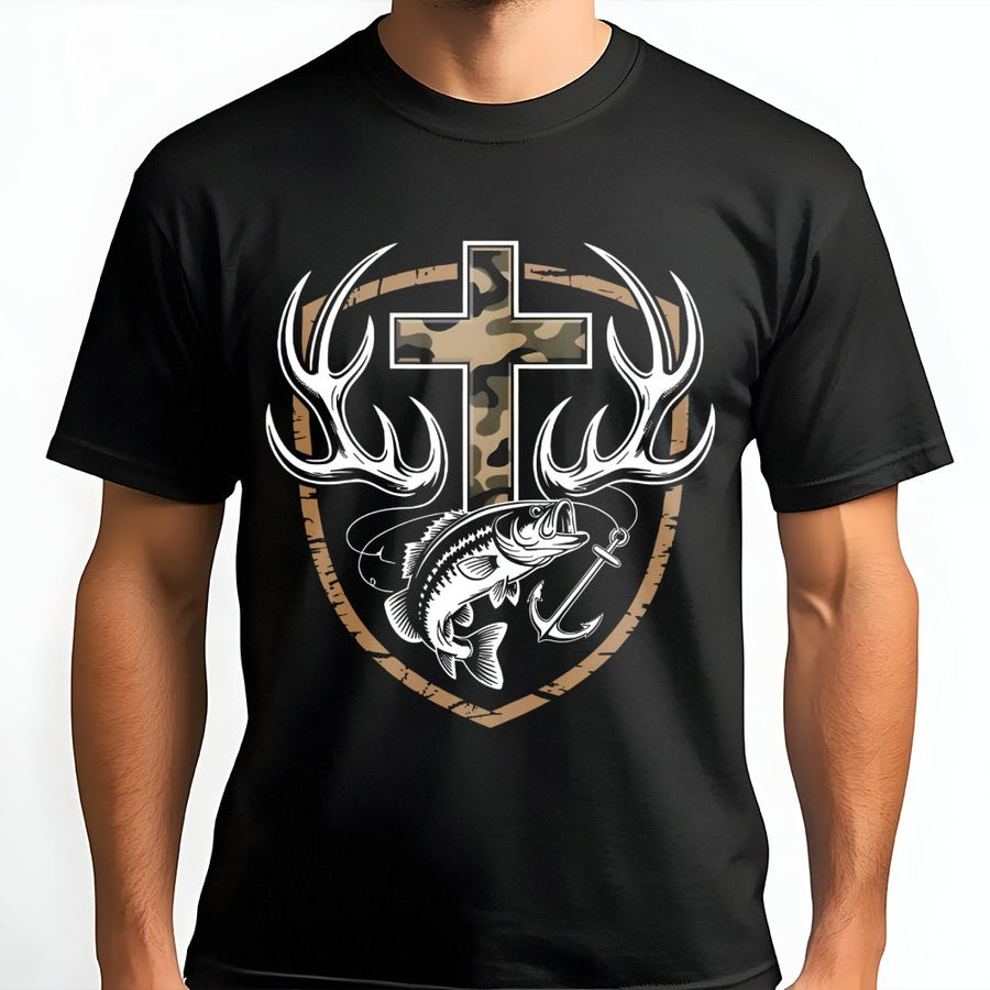 Faith Hunting T-Shirt | Camo Cross Antlers & Bass Fish Graphic | Premium Cotton Unisex Tee | Rustic Outdoor Christian Gift For Outdoorsmen