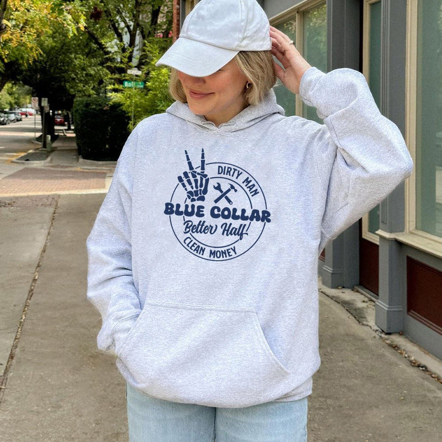 Blue Collar Better Half Hoodie | Skeleton Hand & Tools Graphic | Cotton-Polyester Blend | Funny Construction Worker Gift for Spouse