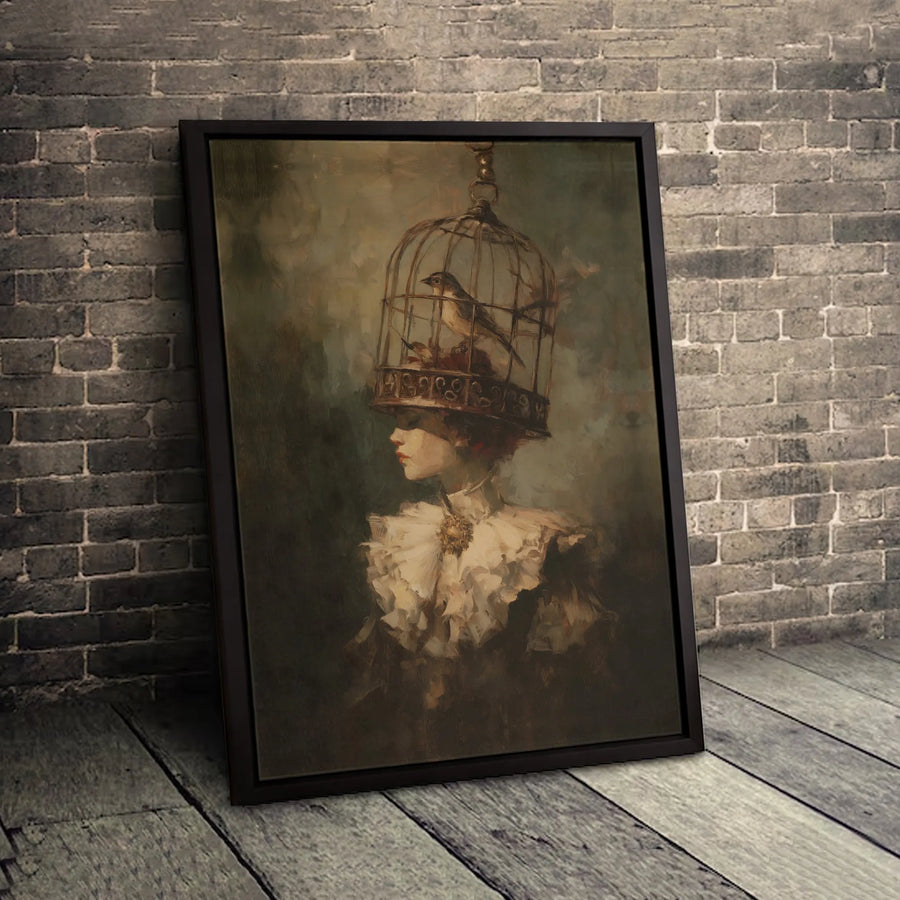 Surrealist Birdcage Woman Canvas Wall Art | Moody Victorian Portrait Print | Premium Gallery-Wrapped Decor | Unique Gift For Art Lovers